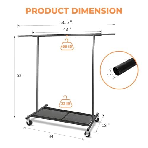 Heavy Duty Metal Rolling Clothing Rack with Lock, Bottom Shelves for Shoes, 63" H, Black