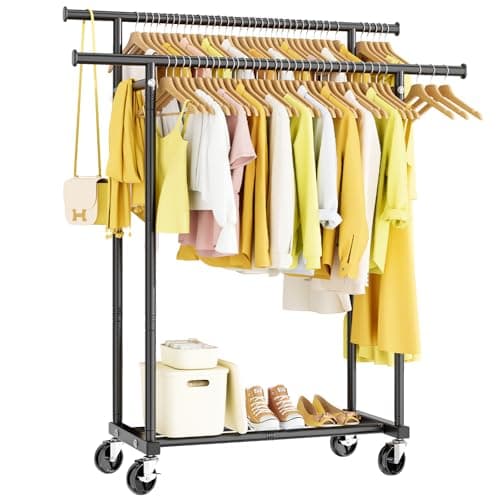 Portable Garment Rack with Wheels, 46.5 Sturdy Metal Clothes Organizer for Hanging Coats, Shirts, Dresses - Black