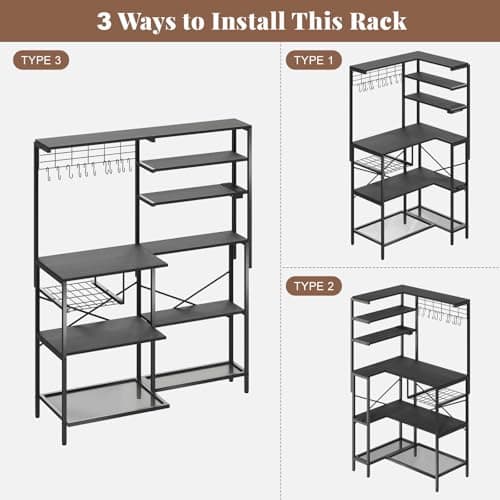 Black L-Shaped Bakers Rack with Power Outlet & Mesh Grid