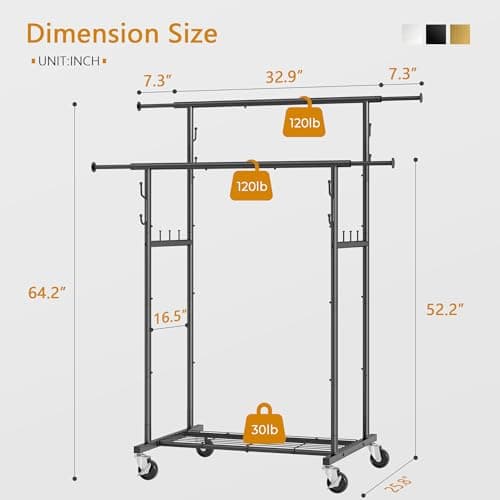 Gewudraw Heavy Duty Rolling Clothes Rack, Black, 64.2inch Chrome