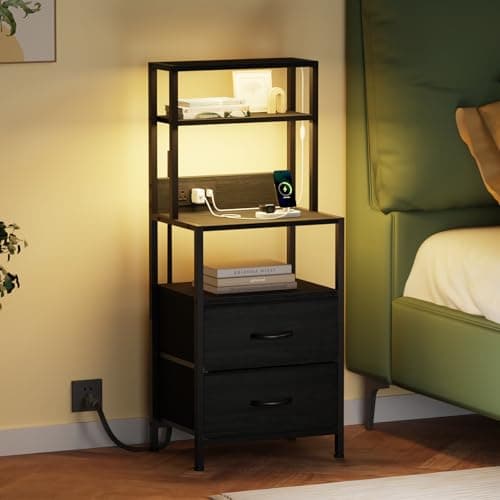 Furnulem Tall Nightstand with 4-Tier Shelves & 2 Drawers, Black Oak Charging Bedside Table