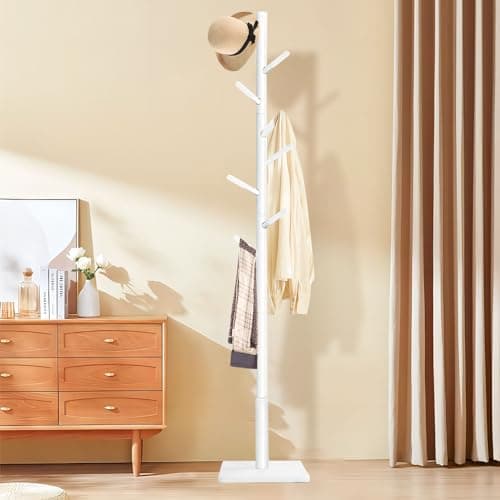 Sturdy Freestanding Coat Rack with 8 Hooks & 3 Sizes, White
