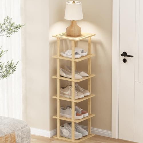 Slim White Bamboo 6-Tier Shoe Rack for Small Spaces Closet Storage
