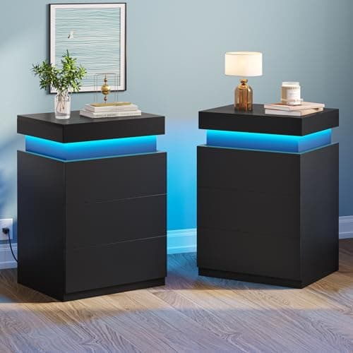 Modern Black Nightstand Set with Charging Station & Drawers