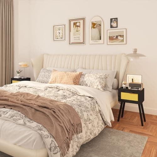 Modern Black Handmade Rattan Nightstand Set, Solid Wood Legs, Drawers for Bedroom and Small Spaces UHST010B-2