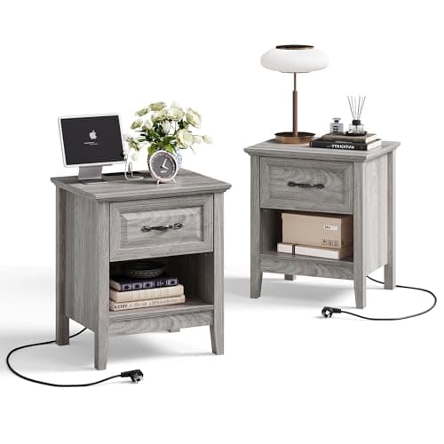 LINSY Beige Farmhouse Wood Night Stand with Type-C Charging Drawer