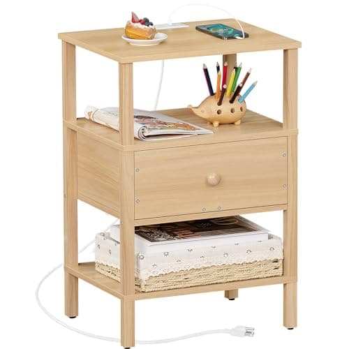 Lerliuo 3-Tier Nightstand with Charging Station - Natural Wood