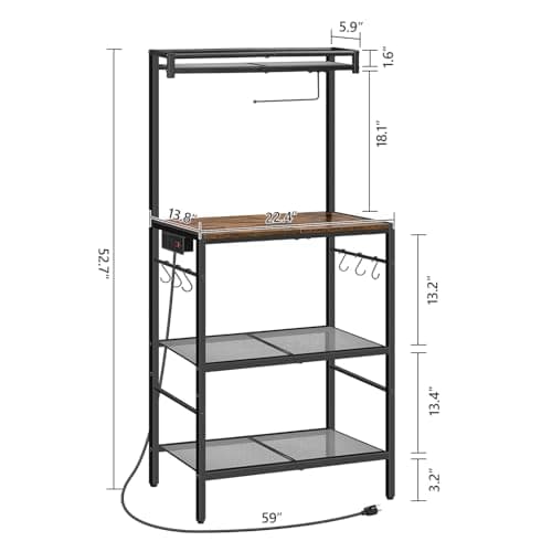 Rustic Brown Bakers Rack with Power Outlet & 6 Hooks for Kitchen BRHR36E01