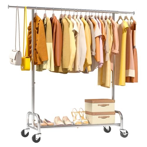 Sturdy 450 LBS Standing Rollable Clothes Rack, Silver Metal Closet Wardrobe