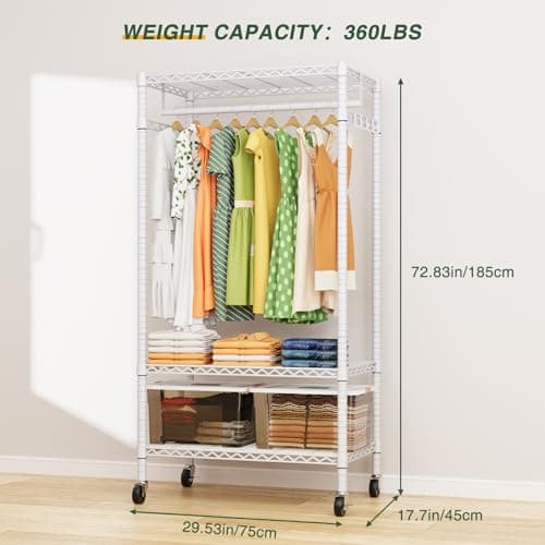 Heavy Duty 3-Tier Rolling Clothes Rack with Storage Shelves and Lockable Wheels - White.