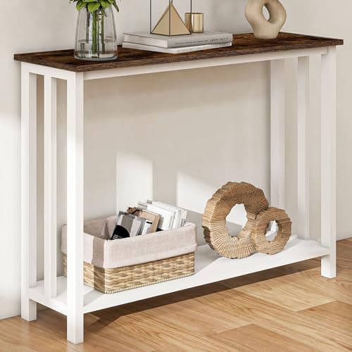 Solid Wood Console Table with Storage Shelves, Rustic White