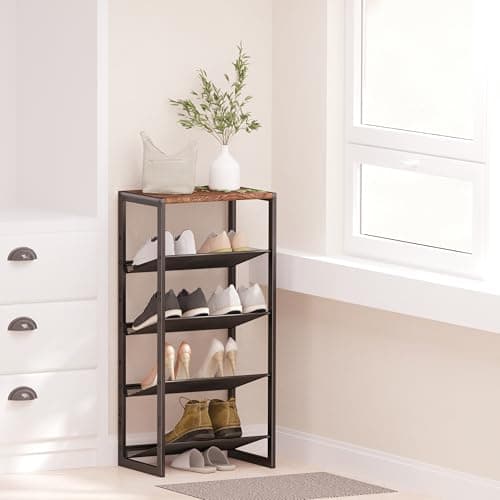 Slim 5-Tier Shoe Rack with Wood Top & Steel Mesh, 16.5x11.8x36 Inches for Entryway/Closet/Dorm