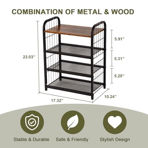 Rustic Wooden Top 4-Tier Shoe Organizer with Guardrails & Metal Mesh Shelves