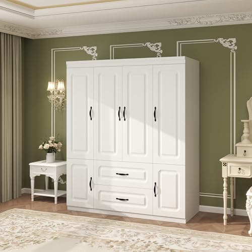 White Large Wood Armoire Wardrobe with 4 Doors 2 Drawers Shelves Hanging Rails