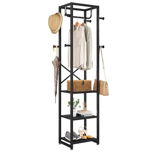 IBUYKE White Freestanding Coat Rack with 3 Shelves and 8 Hooks UTMJ088W