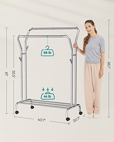 SONGMICS Double-Rod Clothing Rack with Wheels, 220 lb Max Load, Silver UHSR107E01