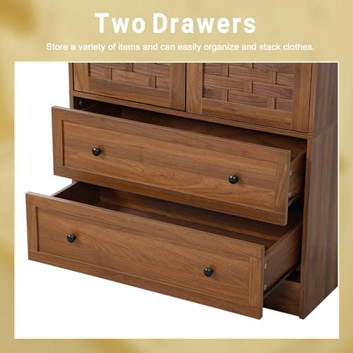 LEVNARY Walnut Freestanding Wardrobe with Woven Doors and Storage Drawers