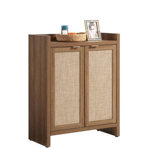 SICOTAS 6-Tier Rattan Shoe Cabinet, 41" Tall, 24 Pair Storage with Doors & Shelves, Light Oak Boho Entryway Closet Organ