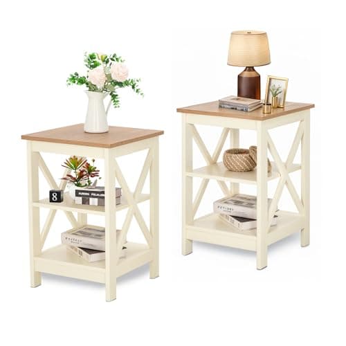 MAISON ARTS Set of 2 Farmhouse Ivory White End Tables for Living Room and Bedroom