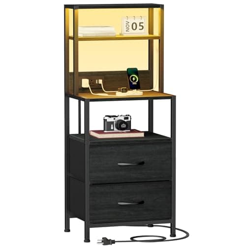 Furnulem Tall Nightstand with 4-Tier Shelves & 2 Drawers, Black Oak Charging Bedside Table