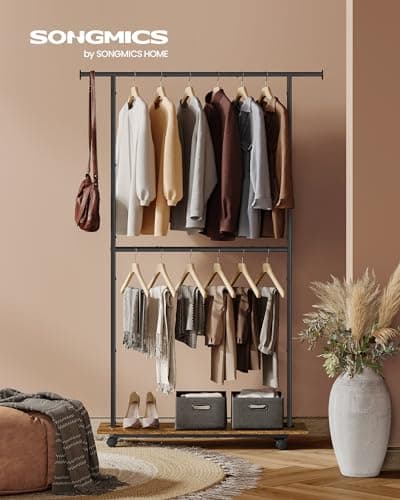 SONGMICS Adjustable Clothing Rack with Shelf, Hanging Rod Up to 121 lbs, Rustic Brown and Ink Black