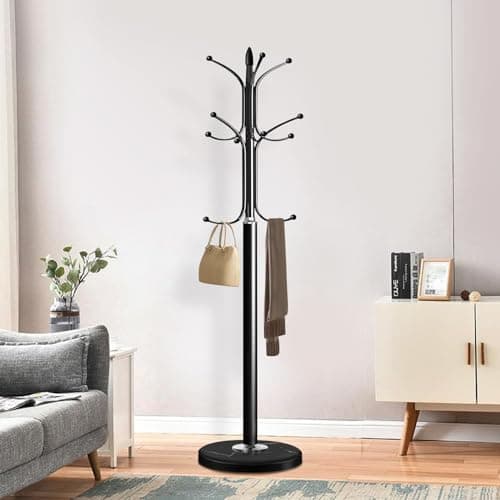 Black Freestanding Metal Coat Rack with 12 Hooks and Natural Marble Base