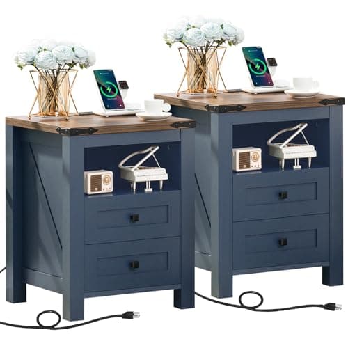 Rustic Brown Nightstands Set of 2 with Charging Station & Drawers