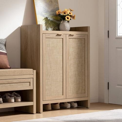 SICOTAS 6-Tier Rattan Shoe Cabinet, 41" Tall, 24 Pair Storage with Doors & Shelves, Light Oak Boho Entryway Closet Organ