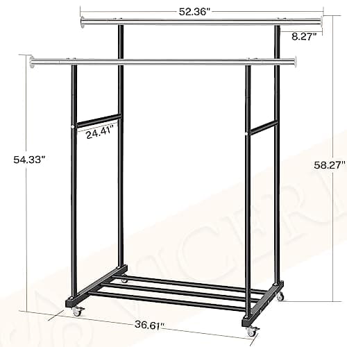 Heavy Duty Double Clothing Rack with Wheels, Black, 130LB Capacity