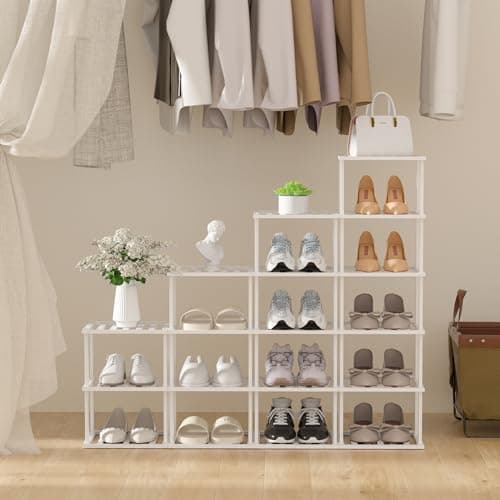Slim White Bamboo 6-Tier Shoe Rack for Small Spaces Closet Storage