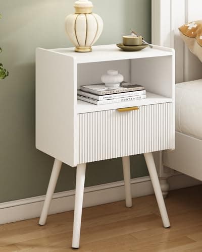 Black Modern Nightstand with Outlet and Storage, Solid Wood Legs, Easy Assembly