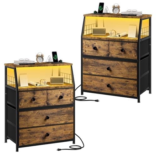 EnHomee Rustic Brown Nightstand with Charging & LED Lights, 4 Drawer Bedside Table, Wood Shelf, 2 USB Ports