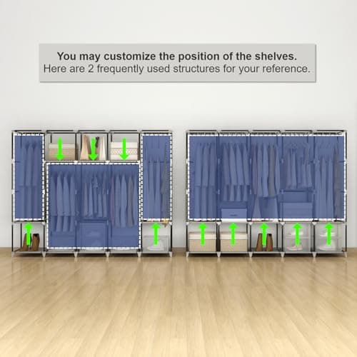 83 Inch Wide Portable Closet Wardrobe with Cover, Hanging Rods & Shelves, Grey