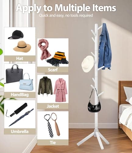 3 Height Adjustable Solid Wood Coat Rack with 9 Hooks (White)