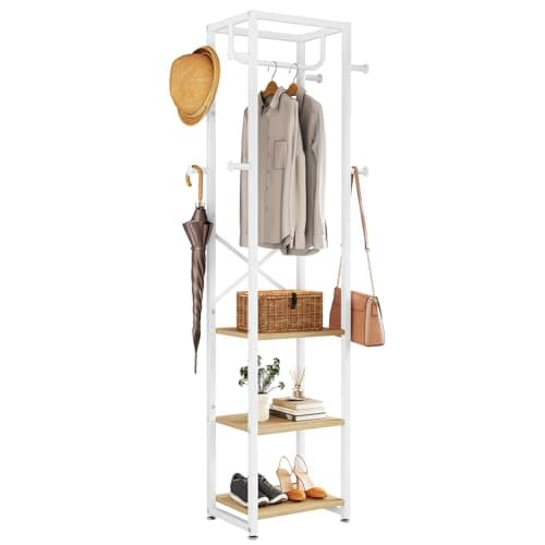 IBUYKE White Freestanding Coat Rack with 3 Shelves and 8 Hooks UTMJ088W