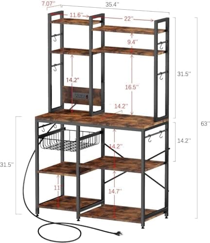Rustic Brown Standing Baker’s Rack with Power Outlet & 6-Tier Stand