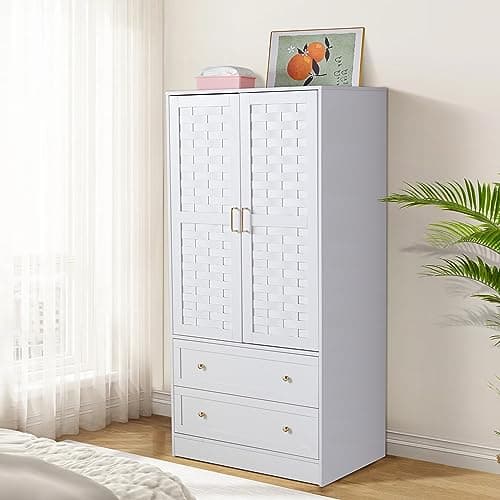 LEVNARY Walnut Freestanding Wardrobe with Woven Doors and Storage Drawers