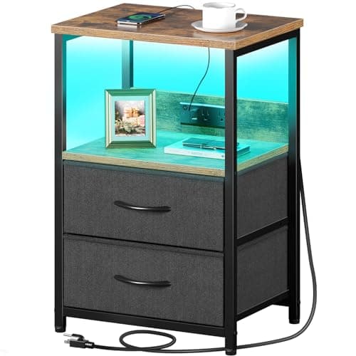 Seventable Black Nightstand with Charging & LED Lights, 3-Tier Storagedrawer