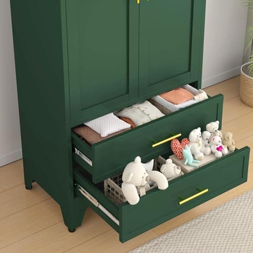 71" Green Metal Storage Cabinet with 2 Doors & Drawers, Hanging Rods for Home Office, Bedroom, Living Room