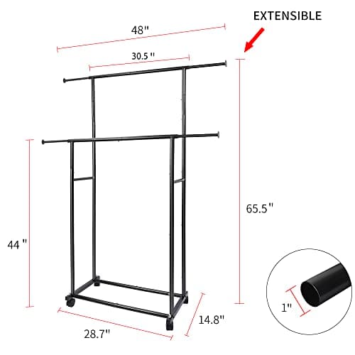 Black Simple Double Rod Clothing Rack with Lockable Wheels for Hanging and Rolling Clothes
