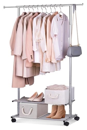 MISSLO 2-Shelf Rolling Metal Garment Rack, Silver Heavy DutyClothing Hanger