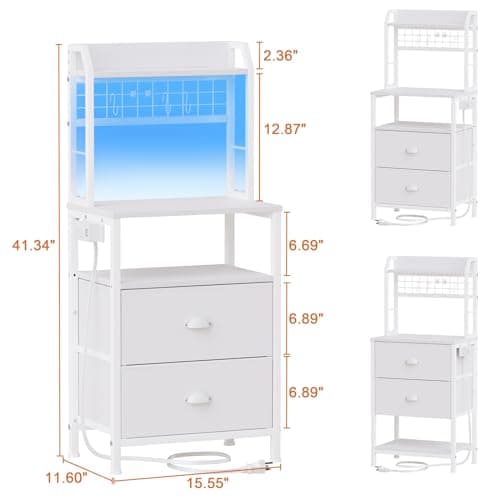 Furologee 41" Tall Nightstand with Charging & Pegboard, White