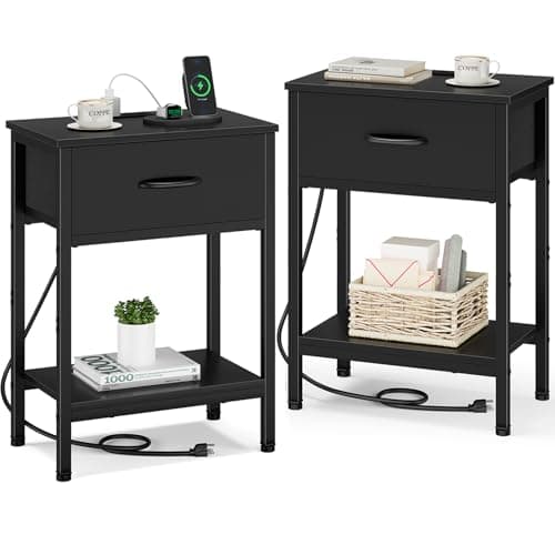 Vagusicc Charging Nightstand Set, Black, 25.4" Tall, Bedside Table with Storage