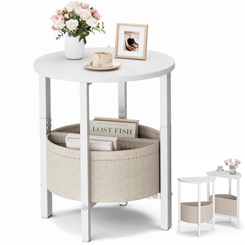 Vagusicc Small Round End Table with Fabric Basket, Set of 2