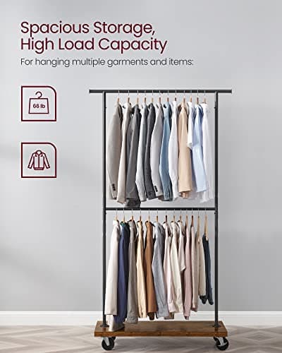 VASAGLE Extendable Clothing Rack with Wheels, Rustic Brown and Black URGR111B01V1