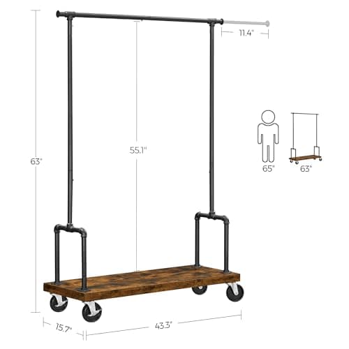 VASAGLE Rolling Garment Rack with Shelf, Heavy-Duty Rustic Brown and Black URGR110B01