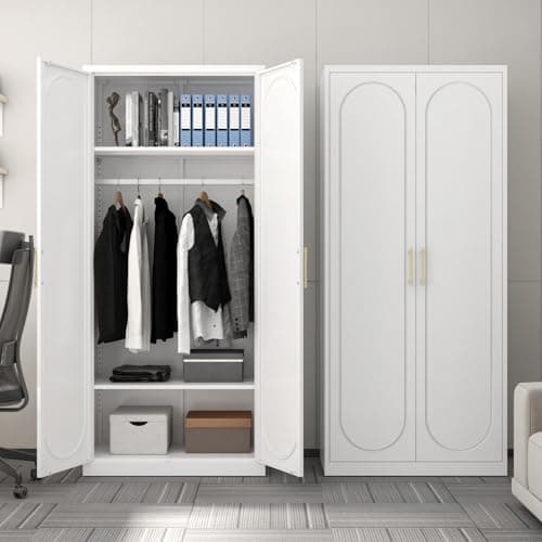White Metal Armoire Wardrobe 71" Tall with Shelves and Rod
