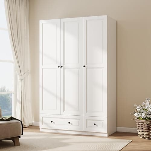 White 3-Door Wardrobe Closet with Drawers & Shelves (47")
