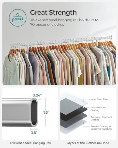 SONGMICS Heavy-Duty Rolling Clothes Rack, 286.6 lb Capacity, Extendable Rod, Matte White