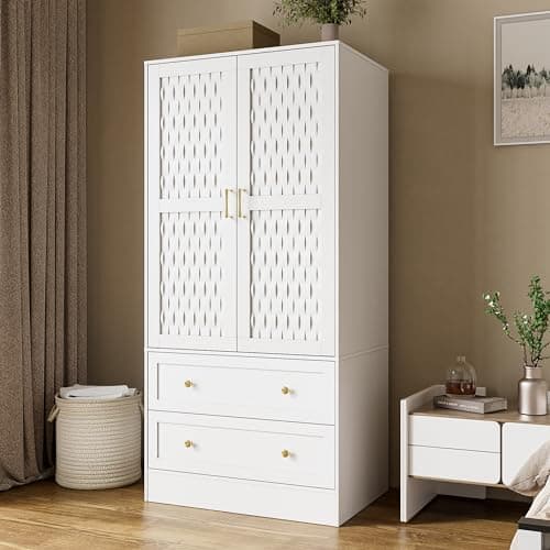 PAKASEPT Freestanding Wooden Armoire Wardrobe with Drawers and 2 Woven Doors